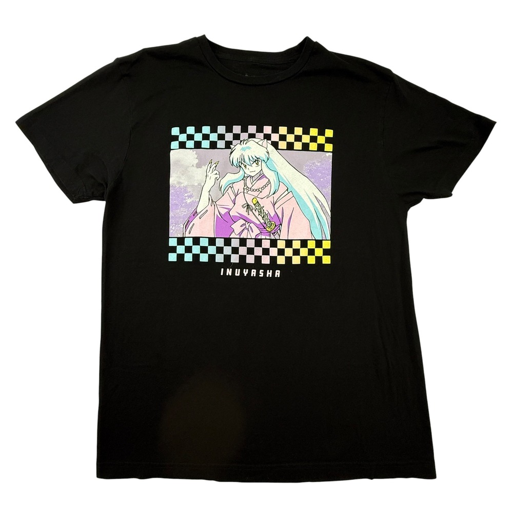 Inuyasha‎ Graphic T-Shirt Mens Large Black Anime Manga Checkerboard Short Sleeve